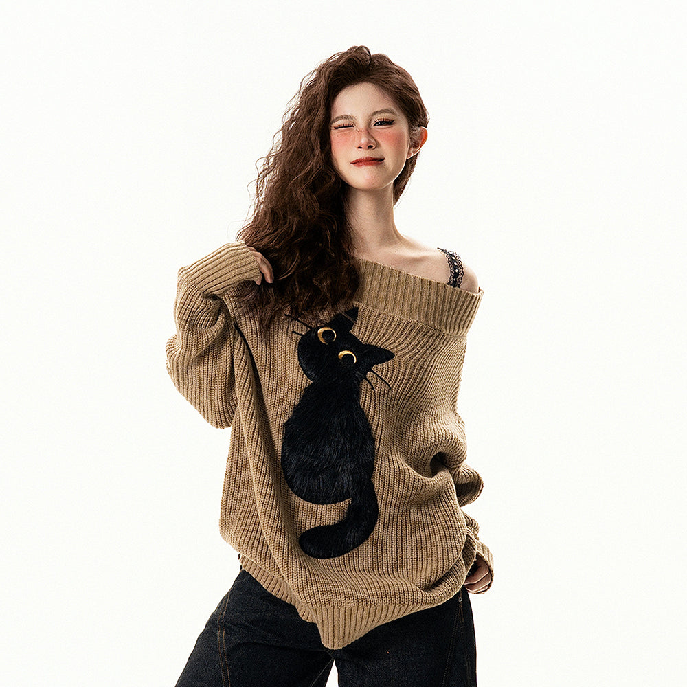 【トップス】遊び心 猫モチーフ ワンショルダーニット 猫柄 ゆったり リラックス感 ニットトップス【FCシリーズ】