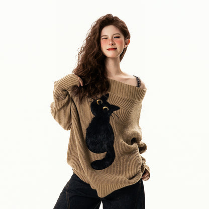 【トップス】遊び心 猫モチーフ ワンショルダーニット 猫柄 ゆったり リラックス感 ニットトップス【FCシリーズ】