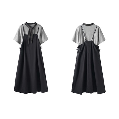 2点セット！【セットアップ】韓国風シンプル Tシャツ+ノースリーブワンピースセット 体型カバーも叶うゆったり大人コーデ【JZシリーズ】