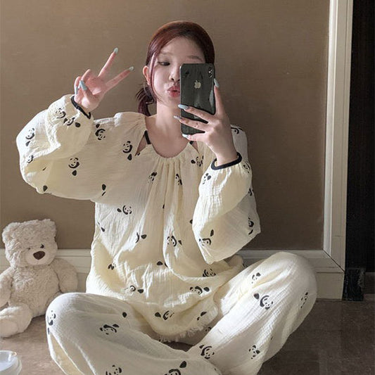 S~5XL【インナー】パンダ柄 チャイニーズテイスト 長袖 ワイドシルエット ルームウェア 大きいサイズ レディース 春秋