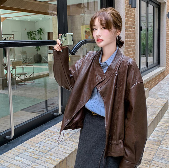 【アウター】メラード ブラウン レザージャケット レディース 春秋 上質感 ストリート系 ショートジャケット【JZシリーズ】