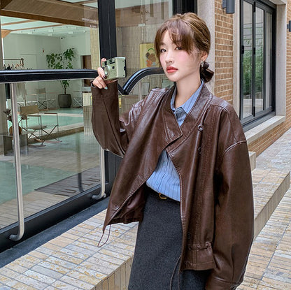 【アウター】メラード ブラウン レザージャケット レディース 春秋 上質感 ストリート系 ショートジャケット【JZシリーズ】