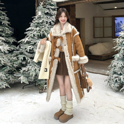 【アウター】リボン付き フェイクファー コート 冬新作 シープボアデザイン 長袖 綿入れコート【JZシリーズ】