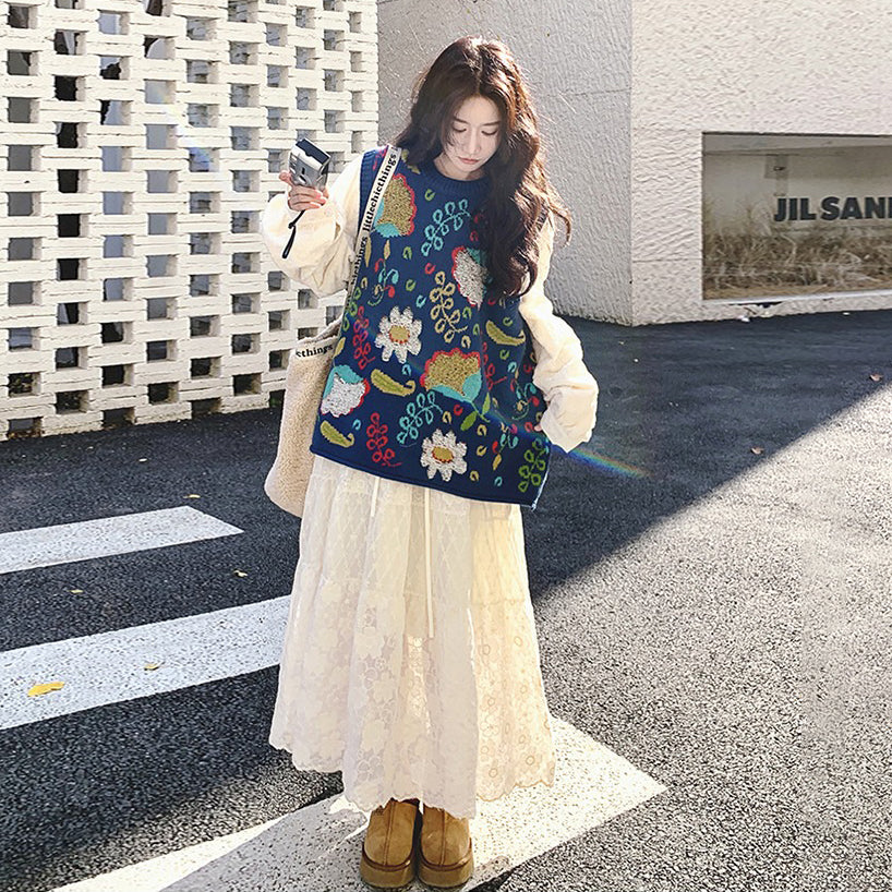 2点セット！【セットアップ】ニットベスト+ワンピース セット レディース 春秋 大人気 レースジャカード ロングワンピース【SHシリーズ】