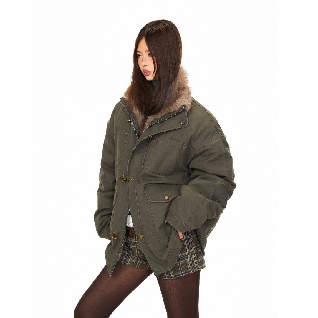 【アウター】フライトバックル 保温性のある ワーク風 ファー襟 綿入れコート 【FCシリーズ】