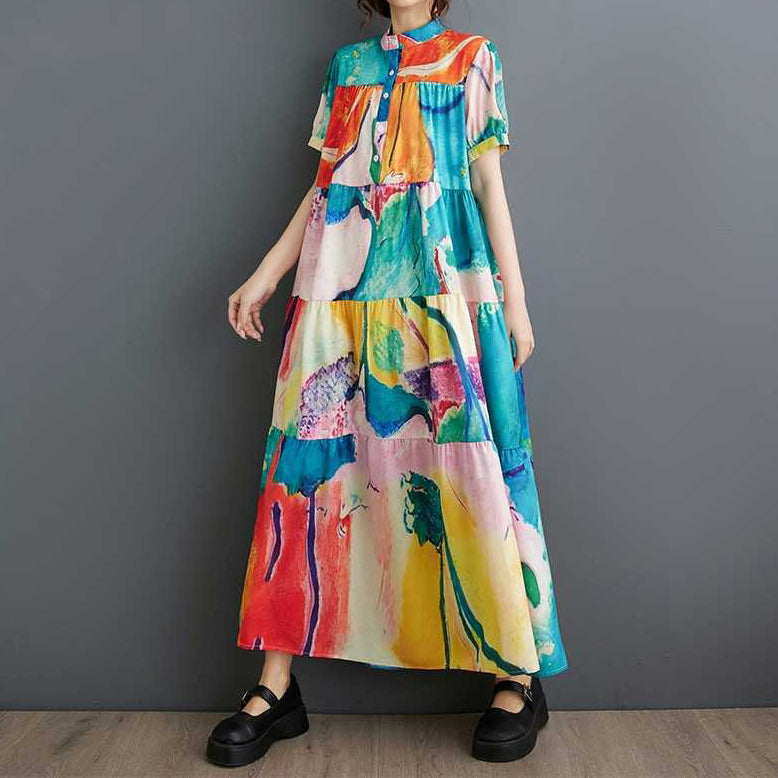 【ワンピース】韓国風ゆったりサイズ 半袖プリントシャツワンピース｜体型カバー◎涼しげなミディ丈【SHシリーズ】