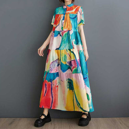 【ワンピース】韓国風ゆったりサイズ 半袖プリントシャツワンピース｜体型カバー◎涼しげなミディ丈【SHシリーズ】