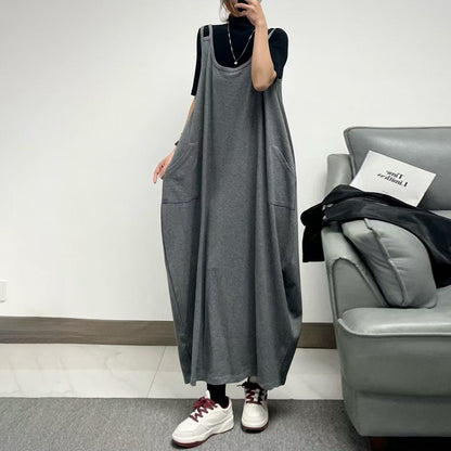 [連身裙] 夏季街頭風純色寬鬆輪廓無袖連身裙