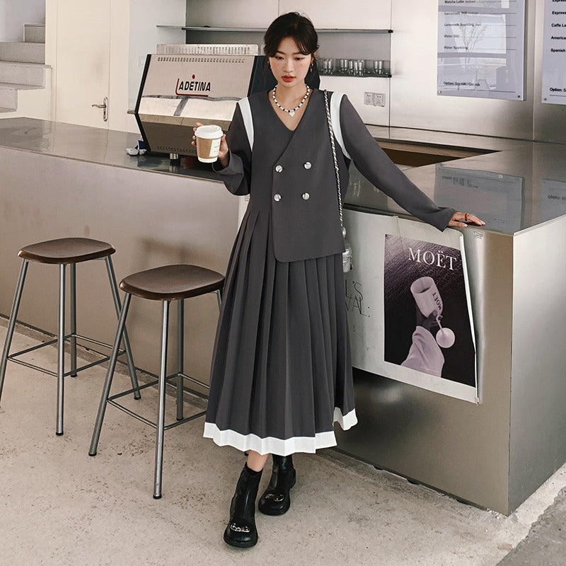 【ワンピース】配色 長袖ワンピース レディース 春秋 細見え 気質 スーツ風プリーツワンピース【JZシリーズ】