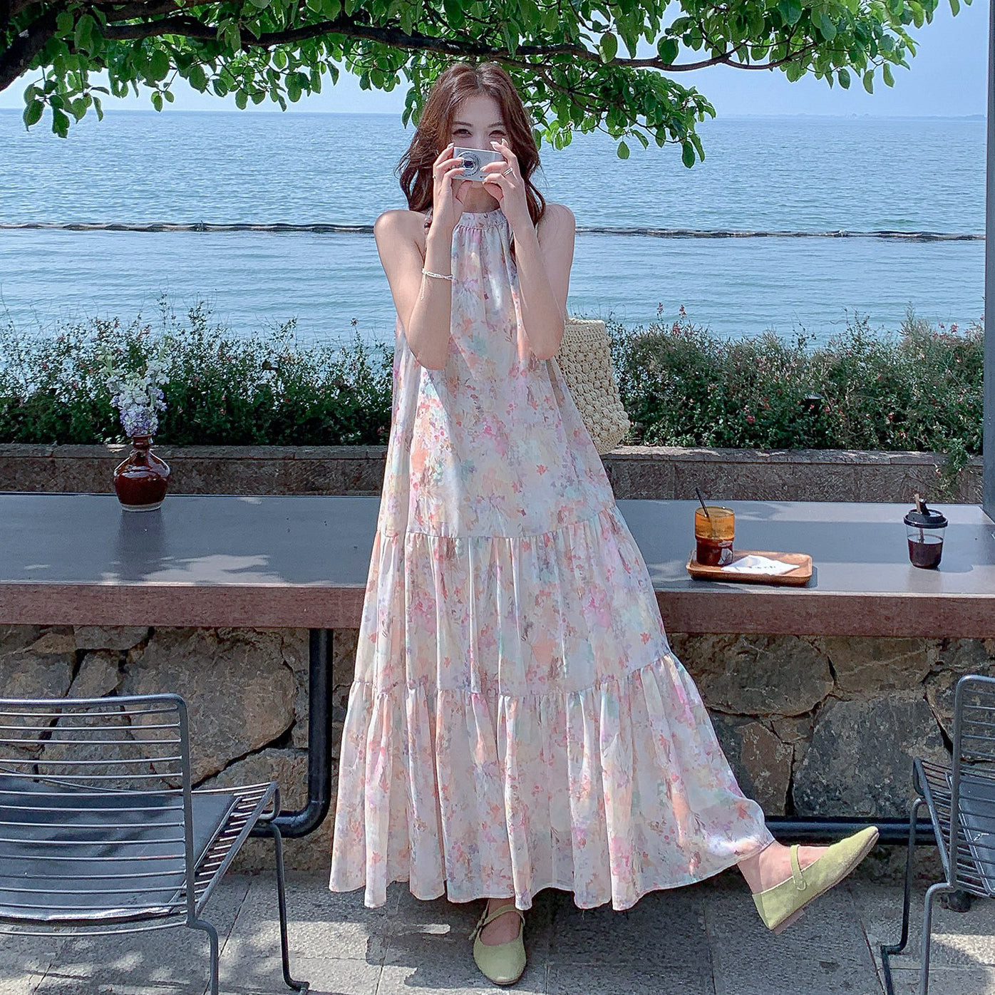 【ワンピース】リゾート風 花柄マキシワンピース レディース 夏 ピンク ボヘミアン ノースリーブ ビーチドレス【SHシリーズ】