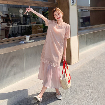 【ワンピース】レース 透かし編み 切り替え ドッキング風 半袖ワンピース レディース 夏新作 甘め上品 ロング丈ドレス【JZシリーズ】