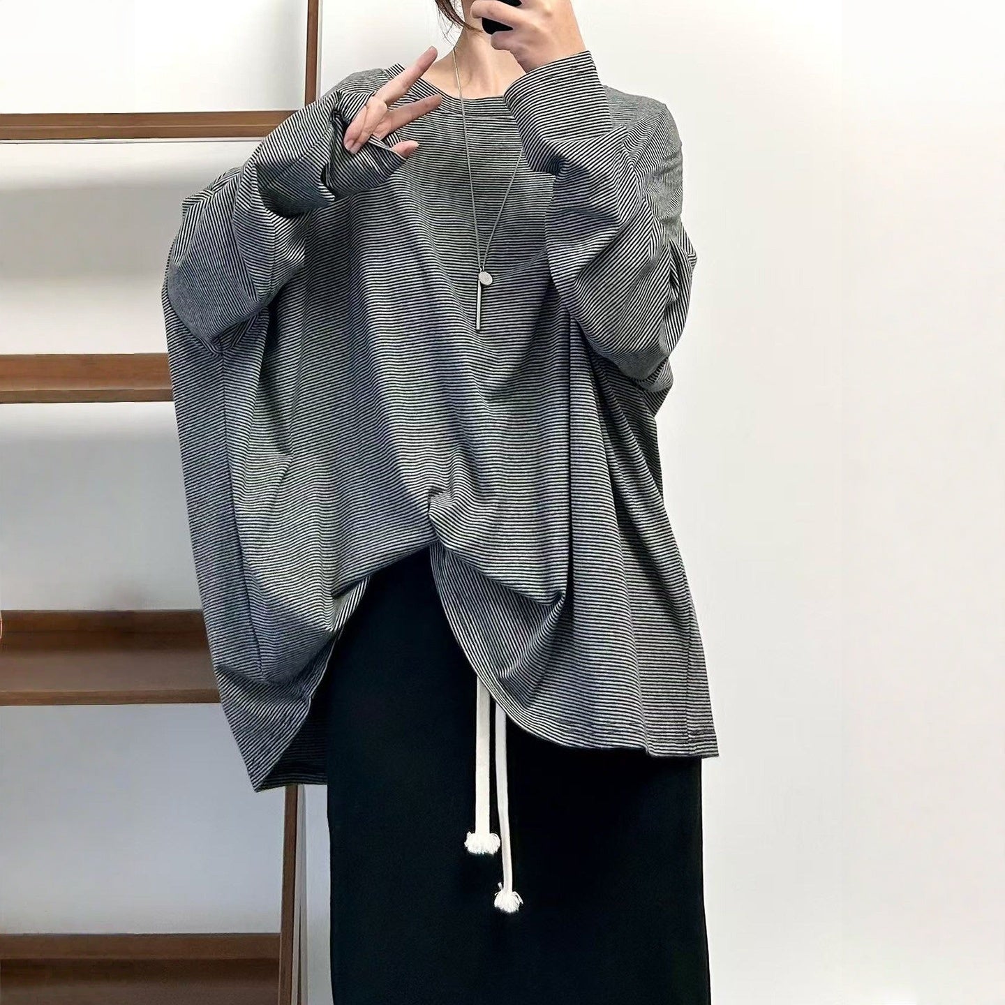 【トップス】クラシック 細ボーダー オーバーサイズ 長袖Tシャツ 【FCシリーズ】