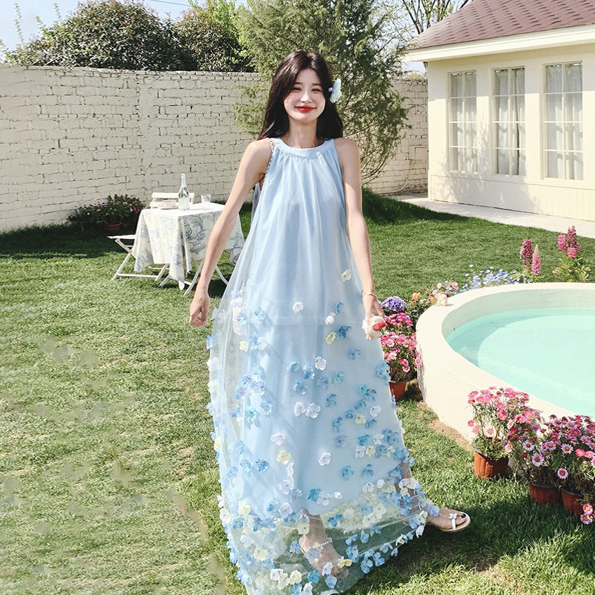 【ワンピース】夏 フレンチ風 かわいらしく優しい 立体花柄 ノースリーブワンピース【SHシリーズ】