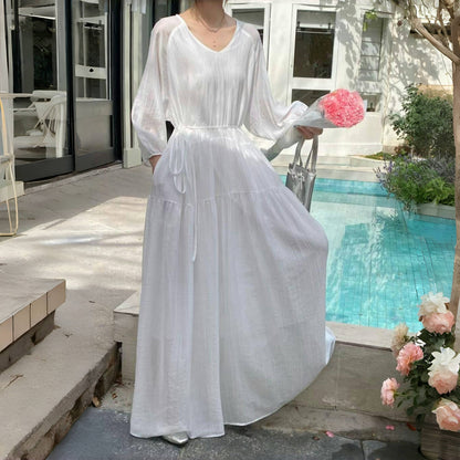 【ワンピース】7カラー 夏 韓国風 ゆったり 大きめサイズ ロング丈 無地 長袖ワンピース