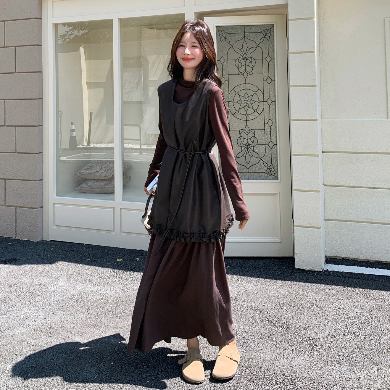 2点セット！【セットアップ】メラード風 PUレザー切り替え ワンピース＋インナートップスセット 春秋コーデ【JZシリーズ】