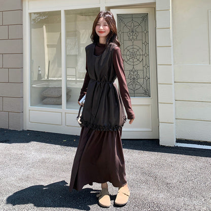 2点セット！【セットアップ】メラード風 PUレザー切り替え ワンピース＋インナートップスセット 春秋コーデ【JZシリーズ】