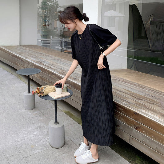 【ワンピース】高見えフレンチ風◎ブラックプリーツ 半袖ワンピース  ゆったり体型カバー【JZシリーズ】