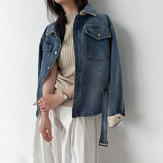 【アウター】レトロウォッシュデニムジャケット レディース 2026新作 襟付き ウエストリボン付き ジャケット トップス【JZシリーズ】