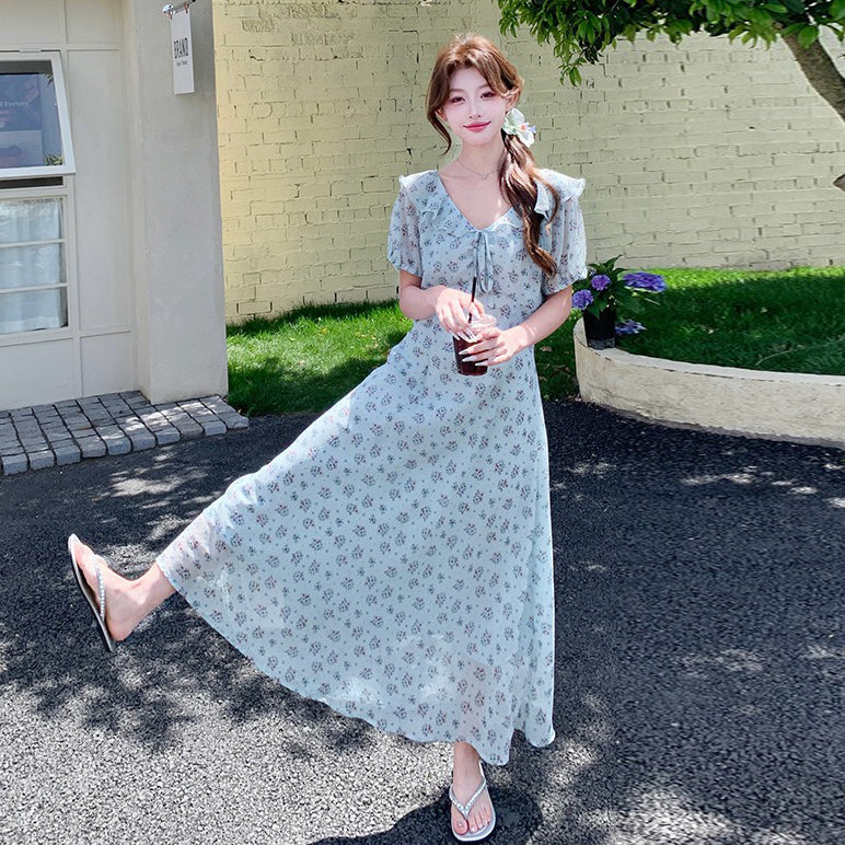 【ワンピース】花柄シフォン 半袖ワンピース｜Vネック 細見え叶う♡フレンチガーリーなAラインドレス【SHシリーズ】