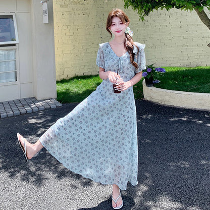 【ワンピース】花柄シフォン 半袖ワンピース｜Vネック 細見え叶う♡フレンチガーリーなAラインドレス【SHシリーズ】