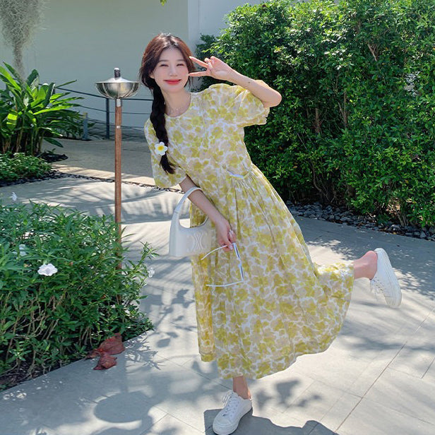【ワンピース】フラワーワンピース レディース 夏新作 パフスリーブ ナチュラル リラックスシルエット Aライン ロング丈【SHシリーズ】