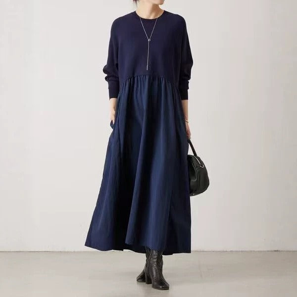 【ワンピース】ニットドッキングワンピース レディース クルーネック ゆったり ロング丈 秋冬【JZシリーズ】