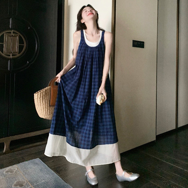 【ワンピース】スクール風 ブルーチェックキャミワンピース ノースリーブワンピース レディース【SHシリーズ】