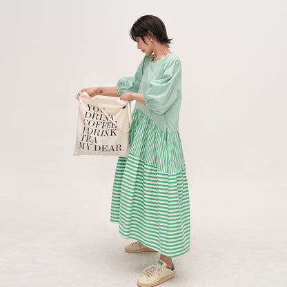 【ワンピース】 夏新作 グリーン切り替え ストライプ ゆったり 半袖ワンピース 着痩せ効果 ラウンドネックロングドレス 【JZシリーズ】【SHシリーズ】