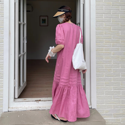 【ワンピース】リネン 夏 リネンライク 半袖ロングワンピース ゆったりシルエットで体型カバー＆涼やか美人見え✨【JZシリーズ】