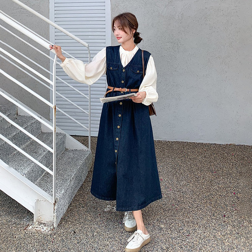 2点セット！【セットアップ】ヴィンテージデニムワンピースセット レディース 春秋 エレガント おしゃれ ブラウス＋キャミワンピース 2点セット【JZシリーズ】