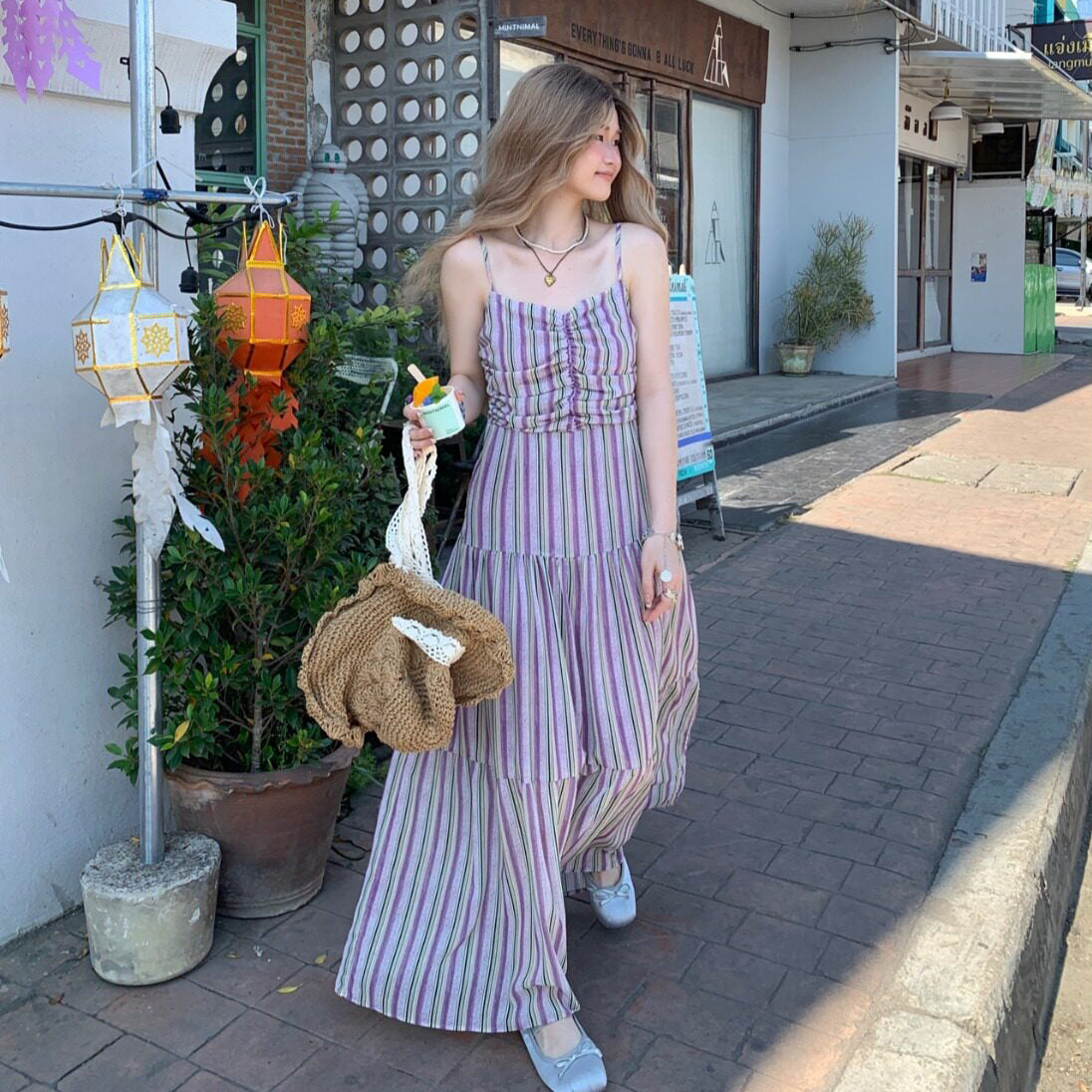 M~4XL【セットアップ】【単品注文】大きいサイズ レディース 夏 ボーダーロングワンピース ゆったり ウエストデザイン【SHシリーズ】