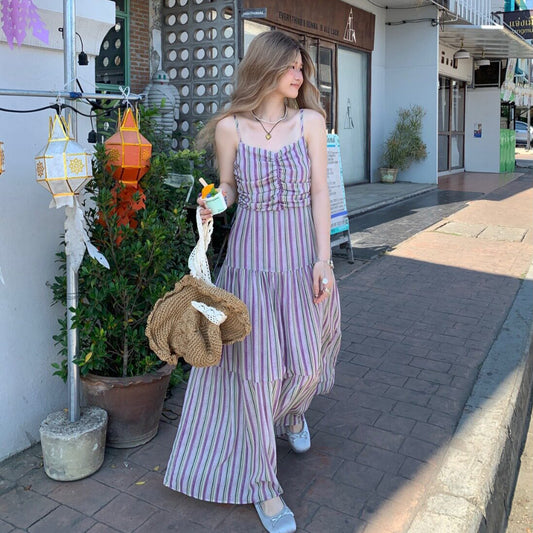 M~4XL【セットアップ】【単品注文】大きいサイズ レディース 夏 ボーダーロングワンピース ゆったり ウエストデザイン【SHシリーズ】