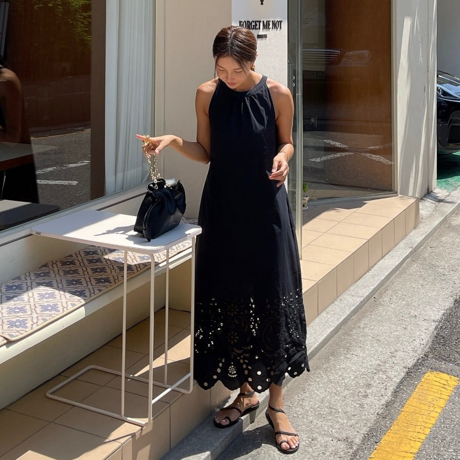 【ワンピース】透かし ノースリーブワンピース ゆったりシルエット レトロ ロングドレス【JZシリーズ】