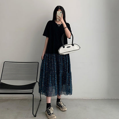 【ワンピース】大きいサイズ レディース 花柄フェイクレイヤードワンピース 夏 切替デザイン Aライン 半袖 ロングワンピース 体型カバー 着痩せ【JZシリーズ】