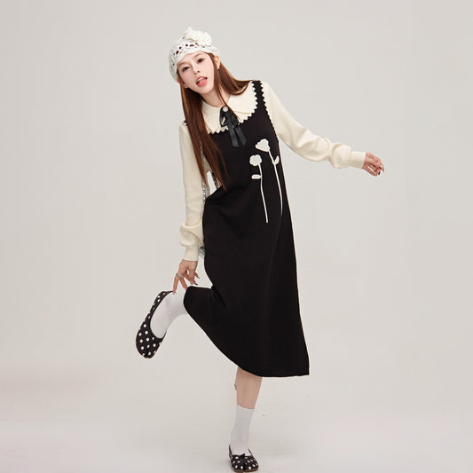 【ワンピース】ツーピース風デザイン🌷チューリップ柄ニット 長袖ワンピース 冬 レディース 高見え【JZシリーズ】