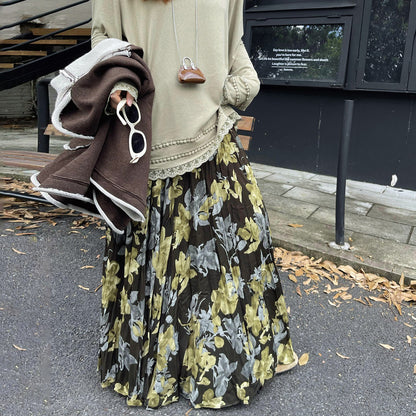 【ボトムス】ヴィンテージ風 フレアスカート 新作 ウエストゴム 花柄 ロング【SHシリーズ】