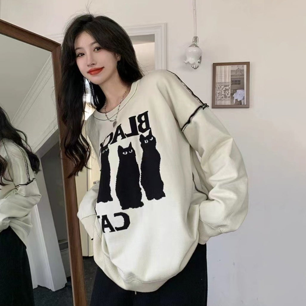 【トップス】アメリカンベージュ 猫柄 長袖スウェットシャツ レディース韓国風 ワイドシルエット ゆるふわネコ柄プリント パーカー【FCシリーズ】
