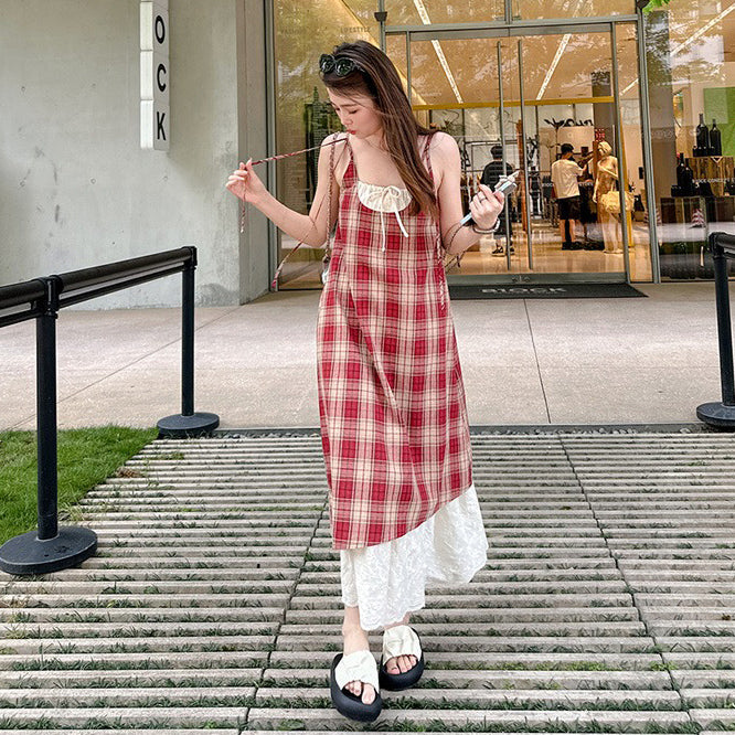 【ワンピース】レトロ チェック柄 レース切替 リボン付き ノースリーブキャミワンピース【SHシリーズ】
