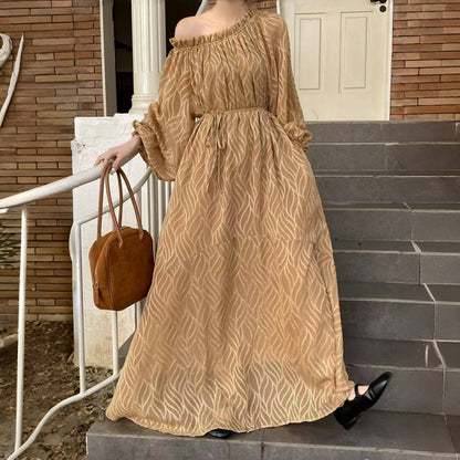 [洋裝] 韓版春夏露肩圓領2way寬鬆長袖連身裙