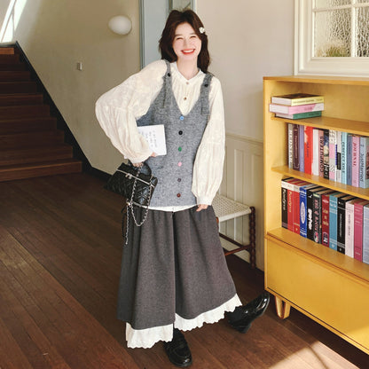 3点セット！【セットアップ】春新作 森ガール風 ニットベスト＋シャツ＋スカート 3点 上下セット 気質アップ＆若見えコーデ【JZシリーズ】