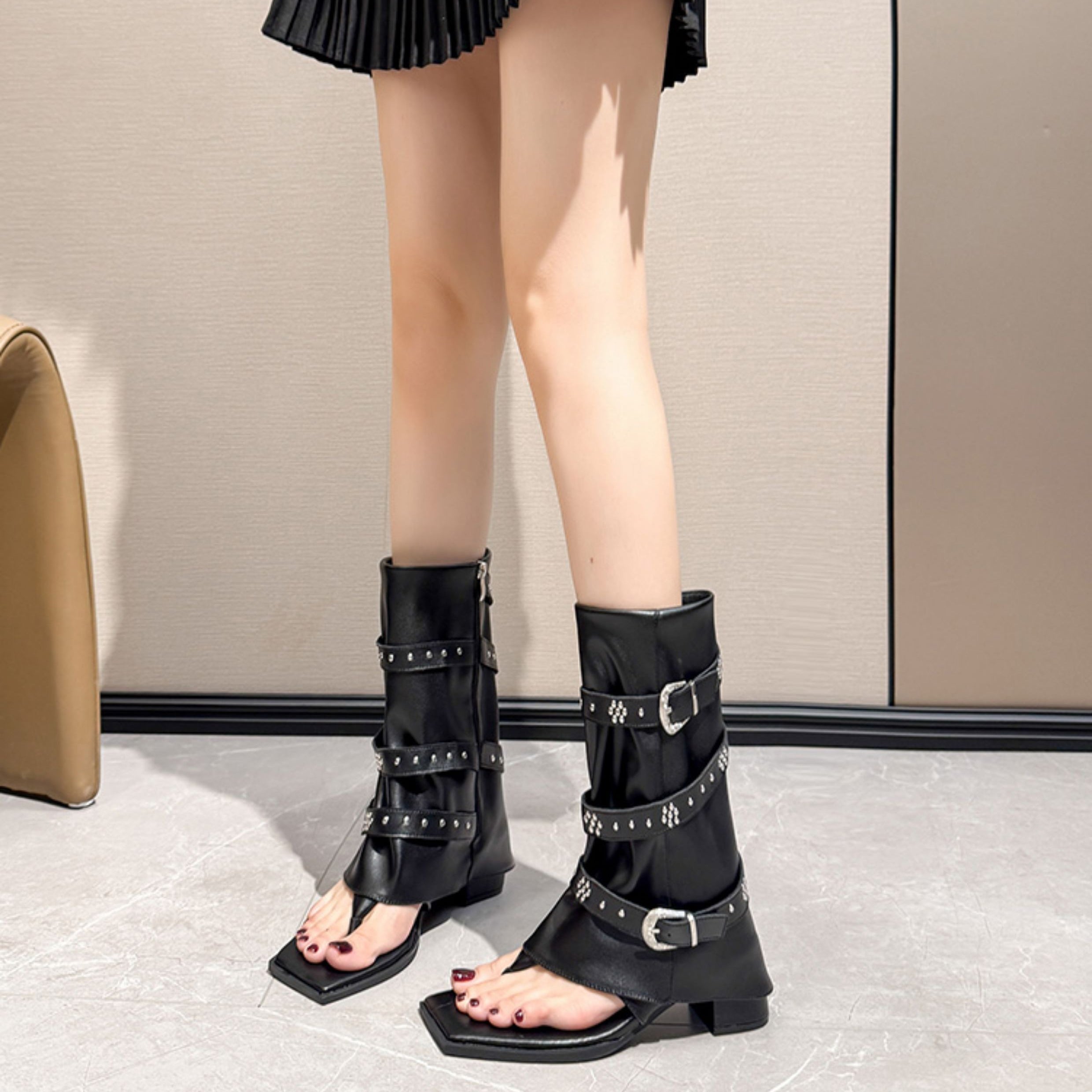 シューズ】パンク風 サンダルブーツ｜太ヒール×ジーンズブーツ風