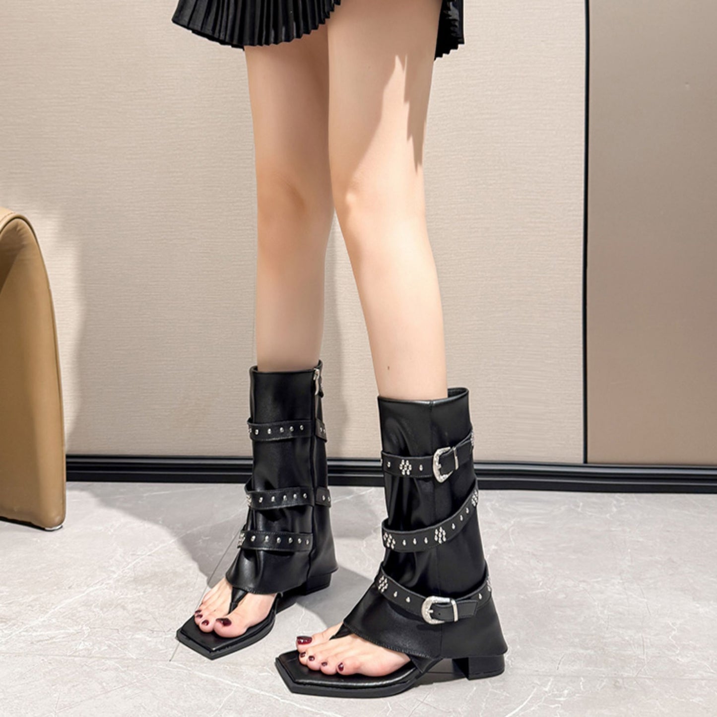 【シューズ】パンク風 サンダルブーツ｜太ヒール×ジーンズブーツ風｜レディース夏靴