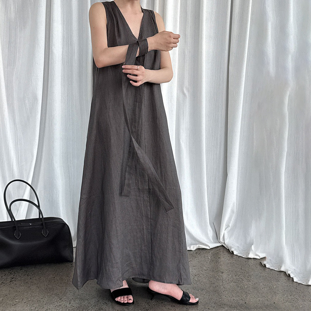 【ワンピース】韓国系シックVネック 夏用 100%苎麻 ノースリーブワンピース【JZシリーズ】