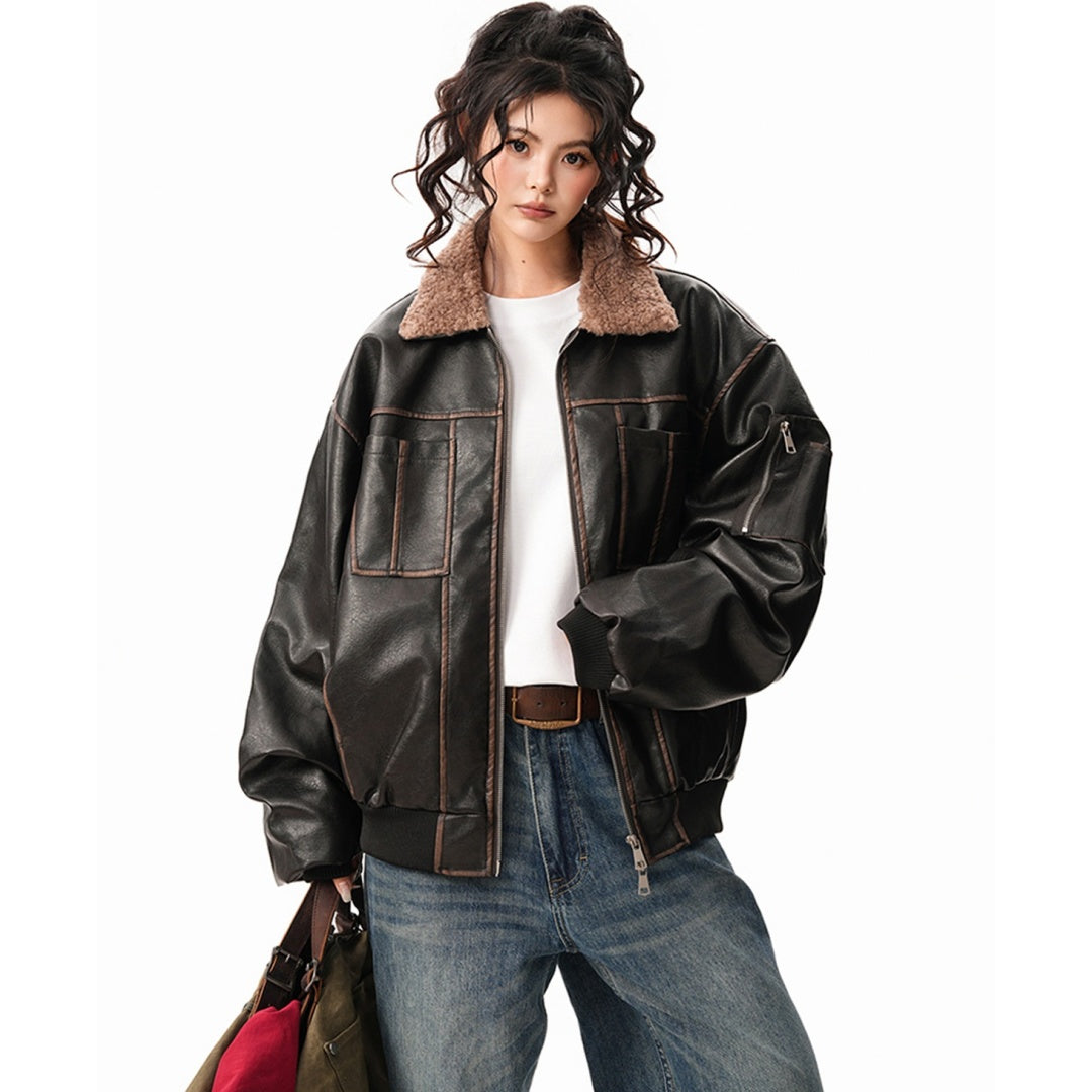 【アウター】ボア襟 春 秋 冬 暖かい テーラードカラー レザージャケット 【FCシリーズ】