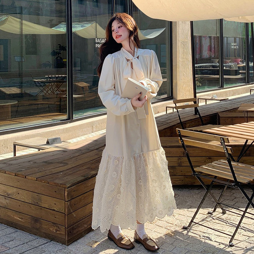 【ワンピース】フレンチエレガント レース切替 長袖ワンピース レディース デザイン性 優しげムード リボン付きロングドレス【JZシリーズ】