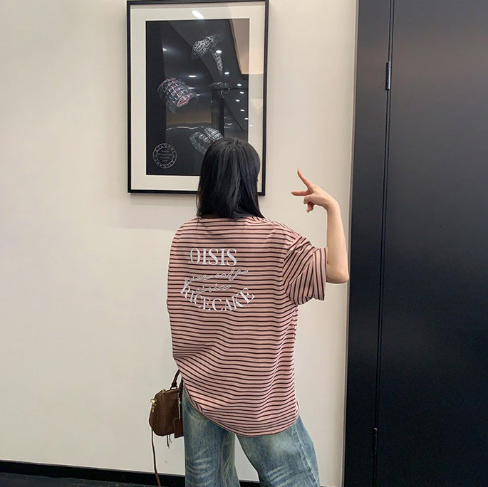 【トップス】レトロ風 ボーダーTシャツ レディース 半袖 オーバーサイズ ゆったりシルエット アメリカンカジュアル【FCシリーズ】