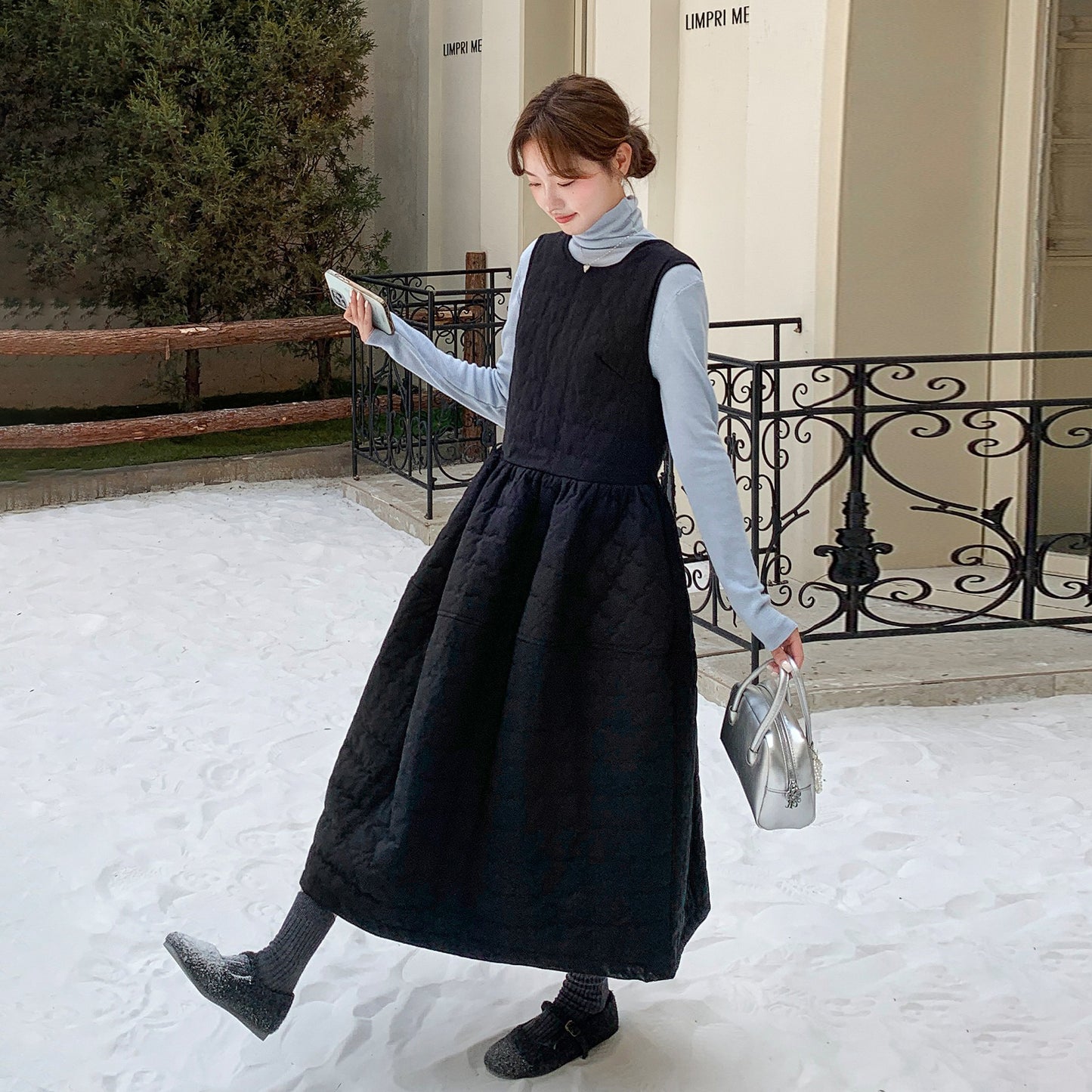 【ワンピース】韓国風  チェック柄  中綿入り ノースリーブワンピース 花びらシルエット レディース 秋冬新作【JZシリーズ】