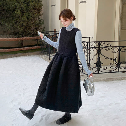 【ワンピース】韓国風  チェック柄  中綿入り ノースリーブワンピース 花びらシルエット レディース 秋冬新作【JZシリーズ】