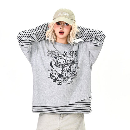 【トップス】レイヤード風 カートゥーン×ボーダー 長袖Tシャツ オーバーサイズ ルーズフィット【FCシリーズ】