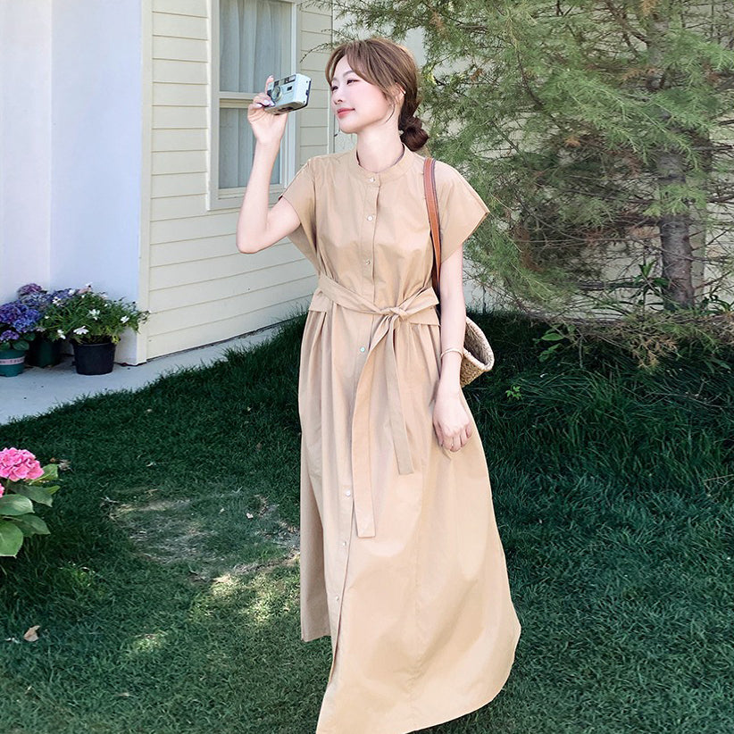 【ワンピース】カジュアル スリム見え カーキ シャツワンピース レディース 夏 ロング丈 個性的で美しい 気品あるおしゃれスタイル【JZシリーズ】